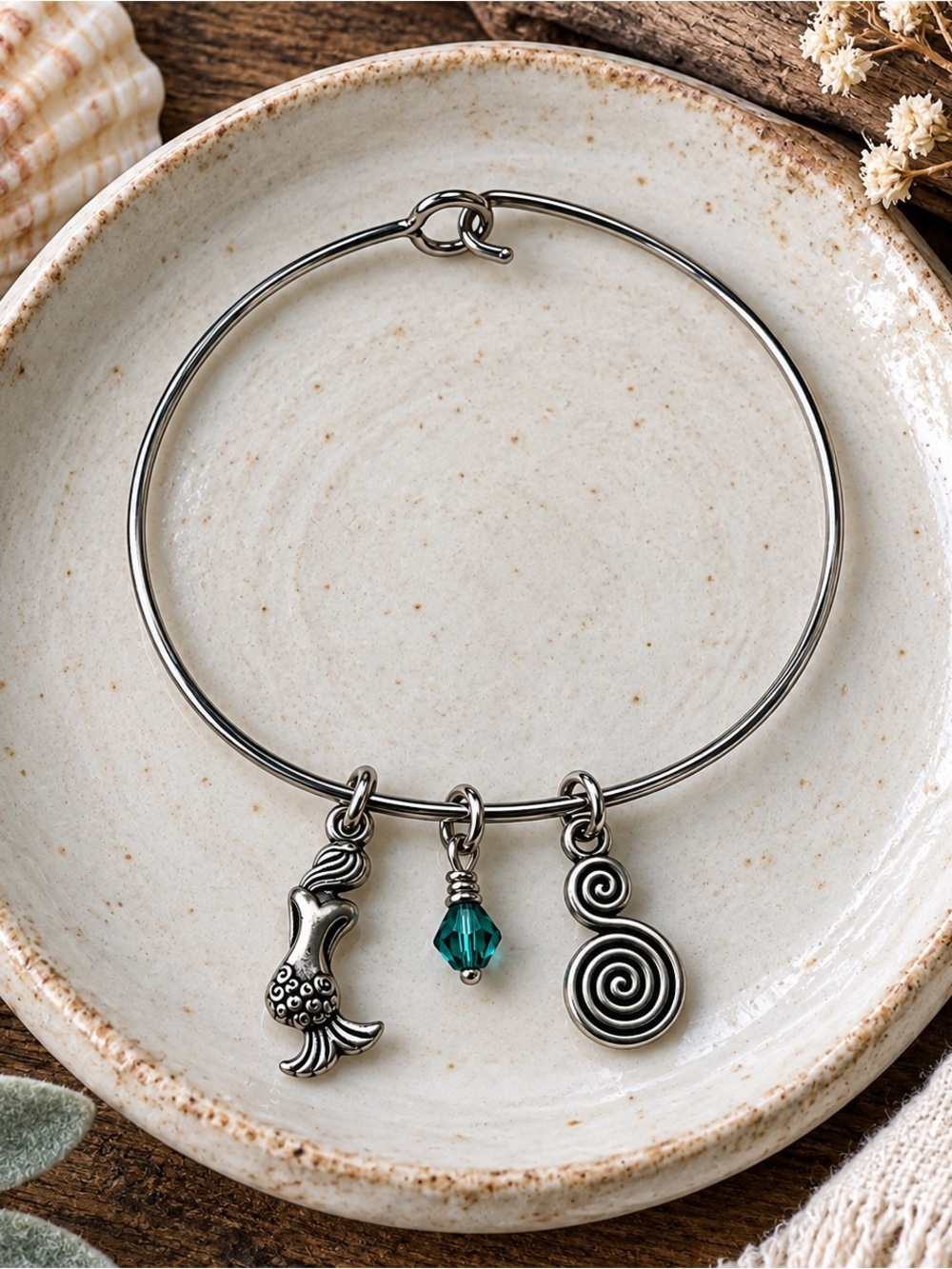 Silver-Tone Mermaid Charm Bangle Bracelet with Teal Crystal